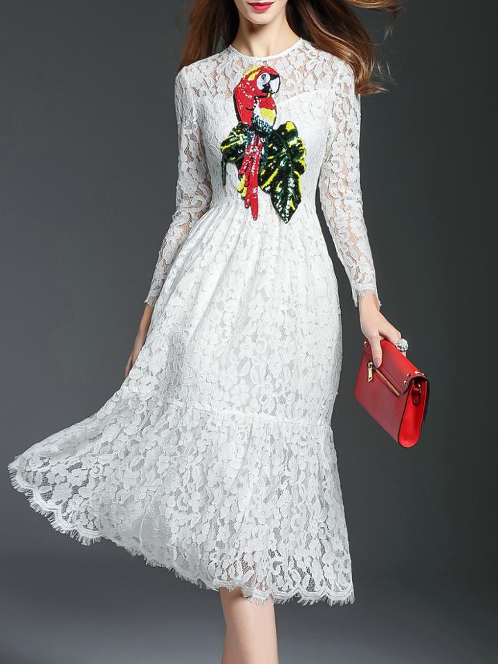 Shein White Bird Sequined Lace Dress