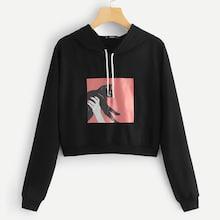 Shein Cat Pattern Front Drawstring Hoodie