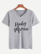 Shein Heather Grey V Neck Letters Print T-shirt