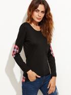 Shein Black Contrast Plaid Dip Hem T-shirt