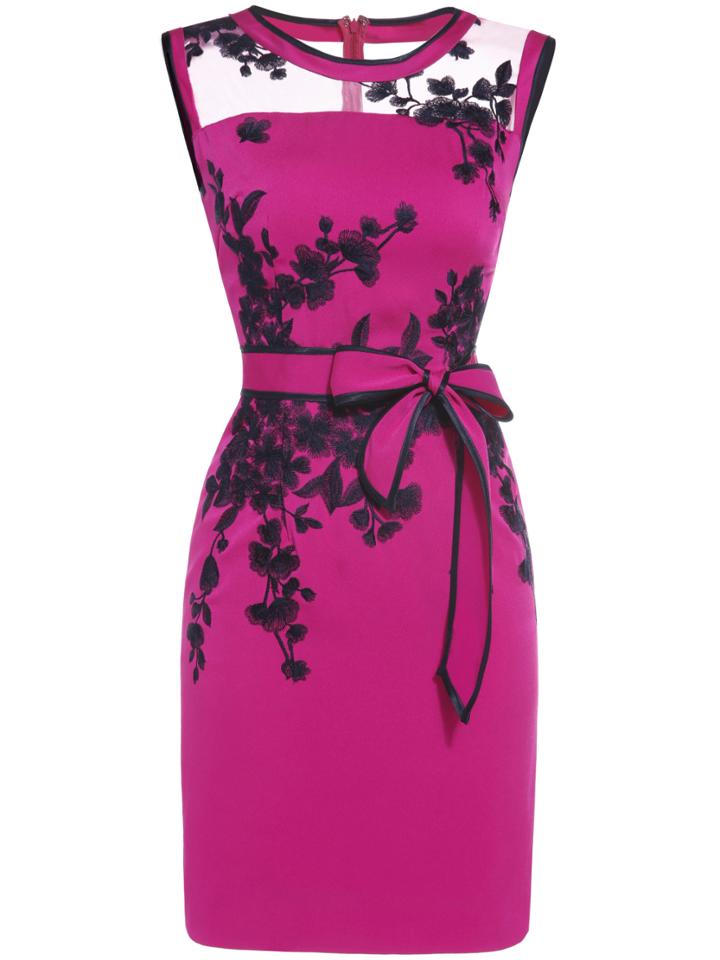 Shein Hot Pink Sheer Embroidered Tie-waist Sheath Dress