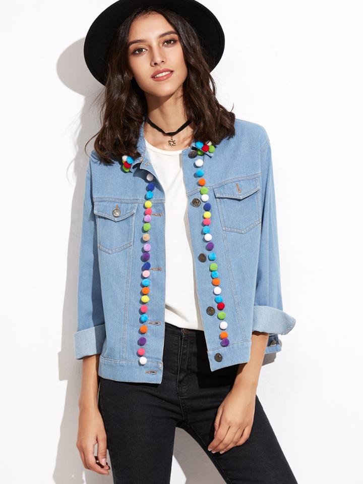 Shein Blue Pom Pom Trim Denim Jacket