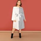 Shein Plus Cold Shoulder Colorblock Bow Tie Waist Dress