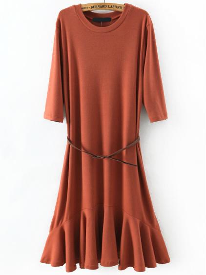 Shein Orange Crew Neck Ruffle Slim Dress