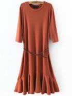Shein Orange Crew Neck Ruffle Slim Dress