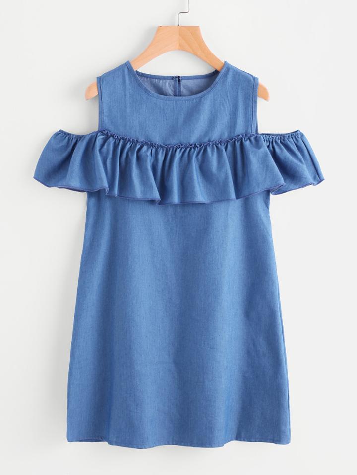 Shein Open Shoulder Frill Trim Chambray Dress