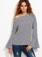 Shein Black And White Striped Oblique Shoulder Bell Sleeve Blouse