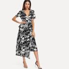 Shein Flower Print Asymmetric Wrap Peplum Dress