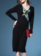 Shein Black V Neck Knit Bird Embroidered Dress