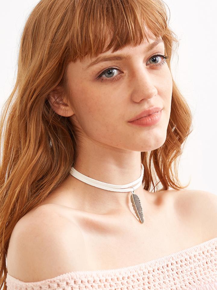 Shein White Feather Pendant Cord Choker Necklace