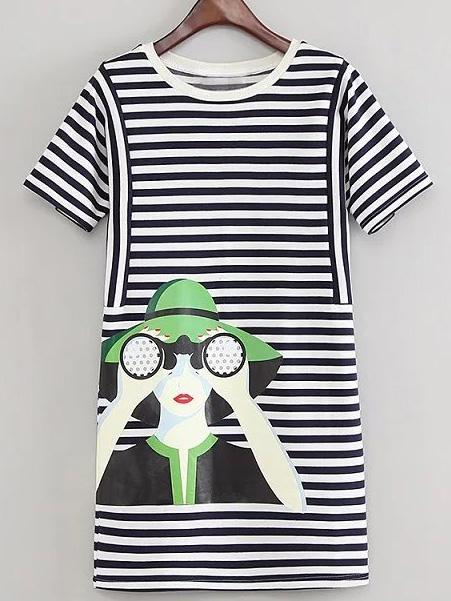 Shein Black White Striped Round Neck Printed Loose Dress