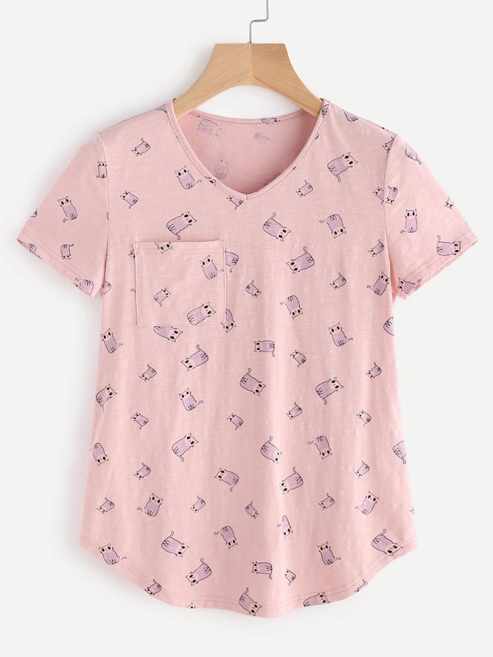Shein Cartoon Print Curved Hem T-shirt