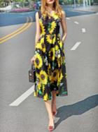 Shein Black V Neck Sunflowers Pockets Dress