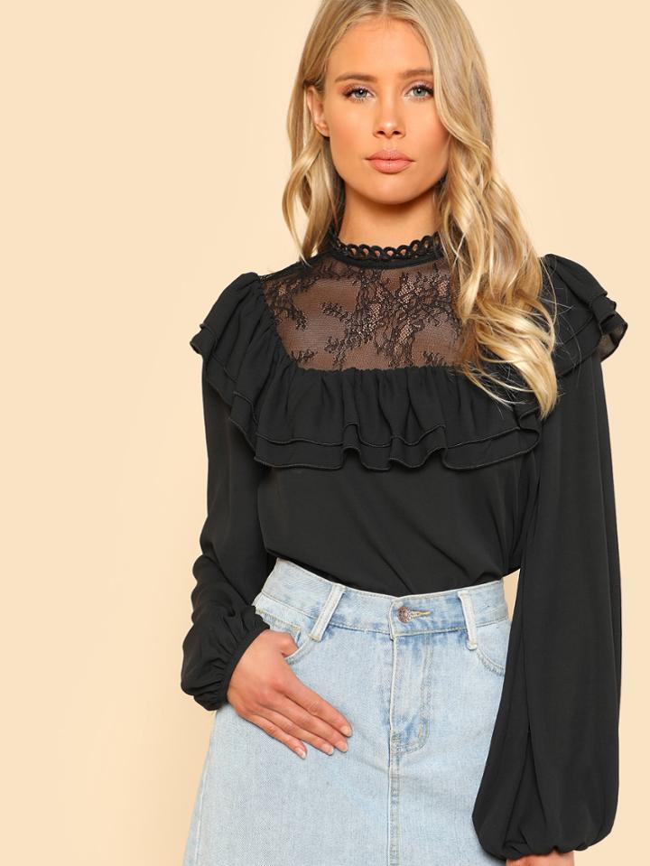 Shein Lace Yoke Flounce Trim Blouse