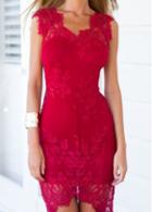 Rosewe Sleeveless Red Asymmetric Bodycon Lace Dress