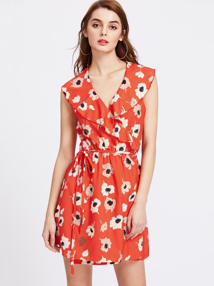 Shein Surplice Front Ruffle Trim Dress With Self Tie