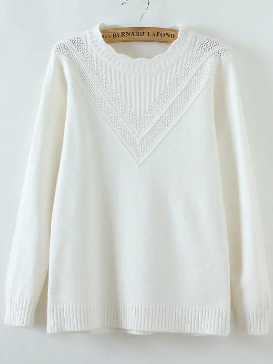 Shein White Scalloped Neck Ribbed Trim Sweater