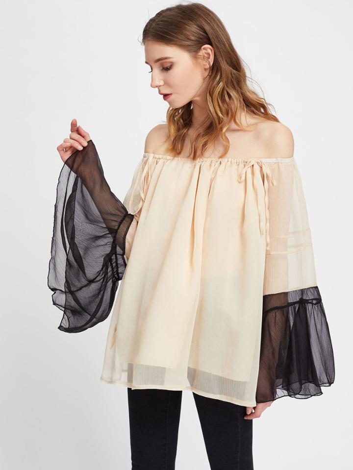 Shein Bardot Color Block Tie Detailed Flare Sleeve Top