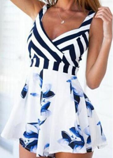 Rosewe Stripe Print Patchwork V Neck Flared Romper