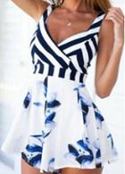 Rosewe Stripe Print Patchwork V Neck Flared Romper