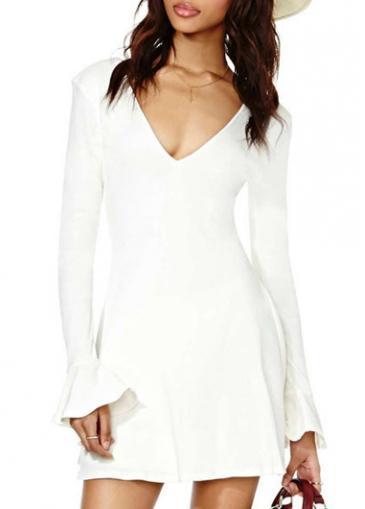 Rosewe Chic Solid White Deep V Neck Flare Sleeve Dress