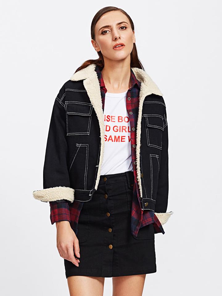 Shein Topstitch Denim Contrast Faux Shearling Jacket