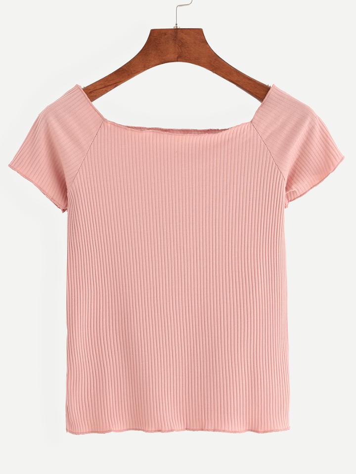 Shein Pink Boat Neck Ribbed Knit T-shirt