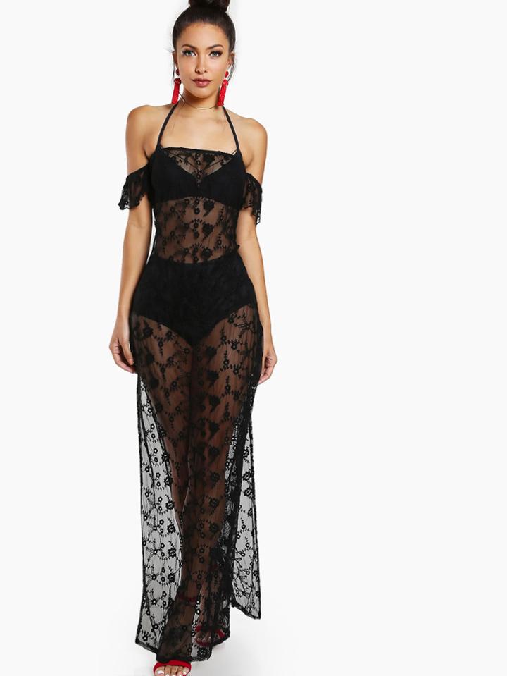 Shein Side Slit Sheer Embroidered Mesh Dress