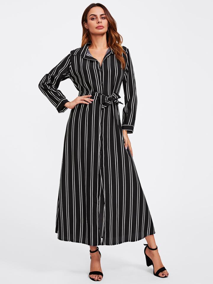 Shein Contrast Stripe Tie Waist Shirt Dress