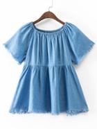 Shein Blue Off The Shoulder Smock Raw-edge Hem Blouse
