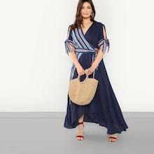 Shein Plus Knot Cuff Surplice Wrap Striped Asymmetrical Dress