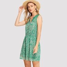 Shein Lace Shoulder Half Placket Ditsy Dress