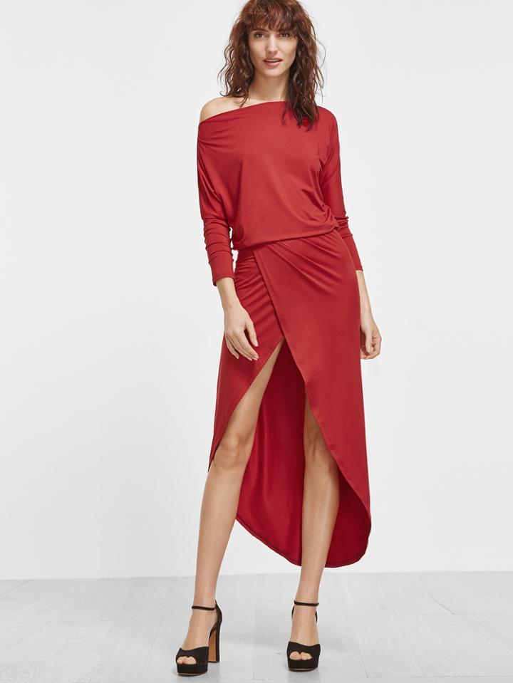 Shein Asymmetric Shoulder Dolman Sleeve Overlap Dip Hem Dress