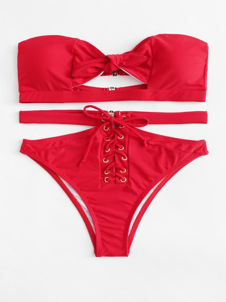 Shein Lace Up Cut Out Bandeau Bikini Set