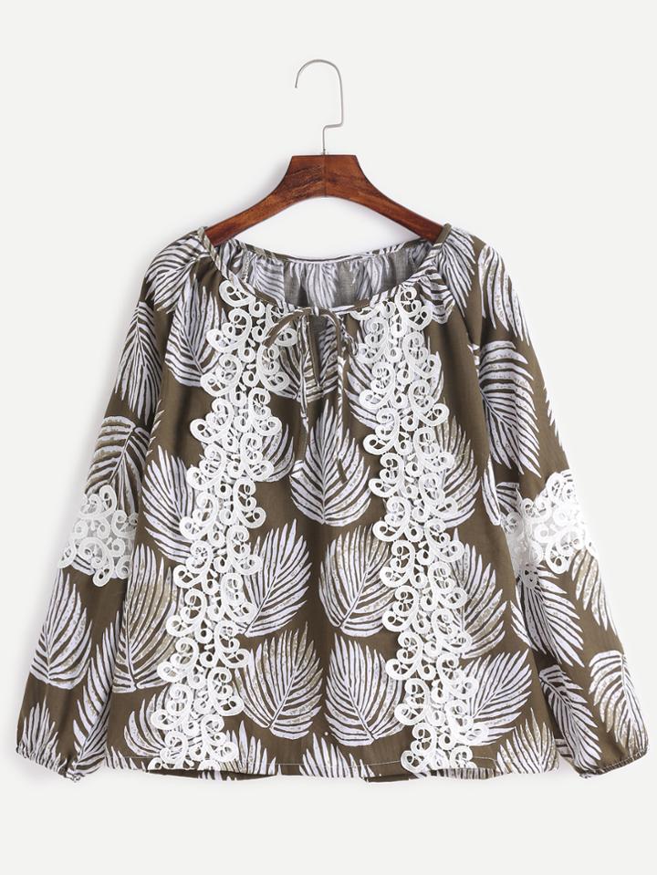 Shein Army Green Leaves Print Appliques Trim Blouse
