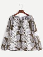 Shein Army Green Leaves Print Appliques Trim Blouse