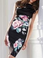 Shein Black V-neck Flower Print Sheath Dress