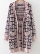 Shein Grid Pattern Ribbed Detail Sweater Coat With Pockets