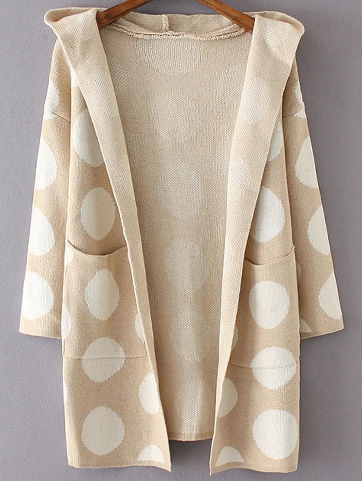 Shein Khaki Polka Dot Hooded Cardigan With Pockets