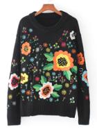 Shein Calico Embroidery Ribbed Trim Pullover Sweater