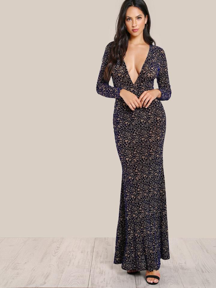 Shein Plunge Neck High Slit Front Flock Velvet Dress
