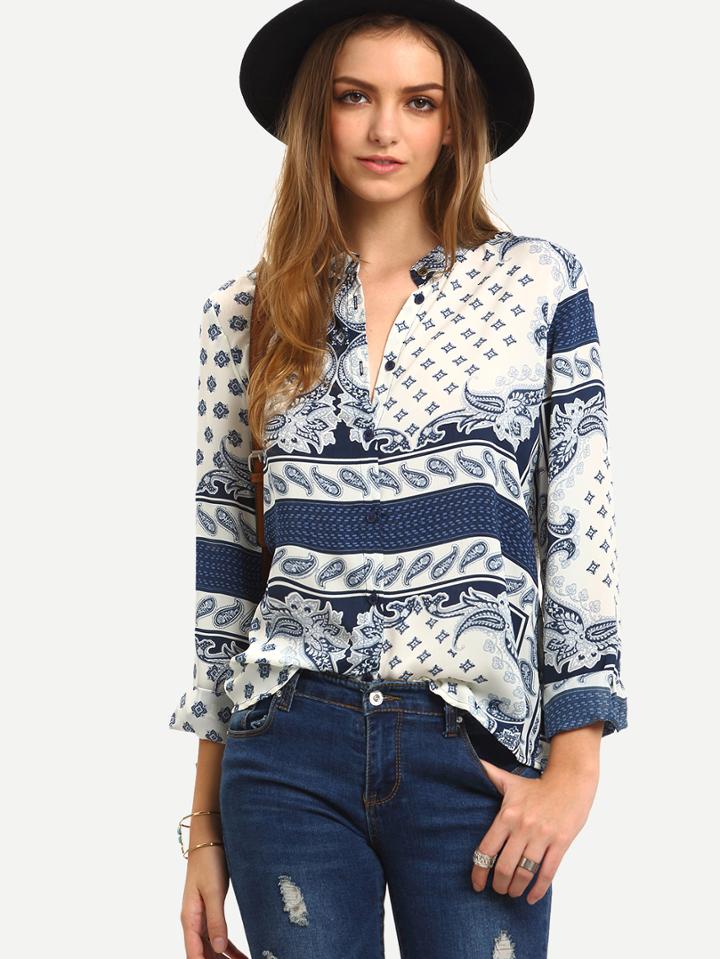 Shein Band Collar Paisley Print Blouse