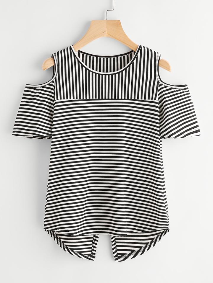 Shein Contrast Striped Open Shoulder Overlap Back Tee