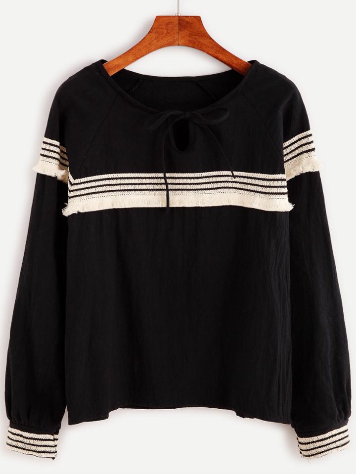 Shein Black Tie Neck Embroidered Tape Detail Blouse