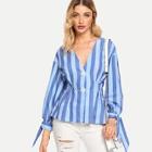 Shein Knot Cuff Single Breasted Striped Blouse