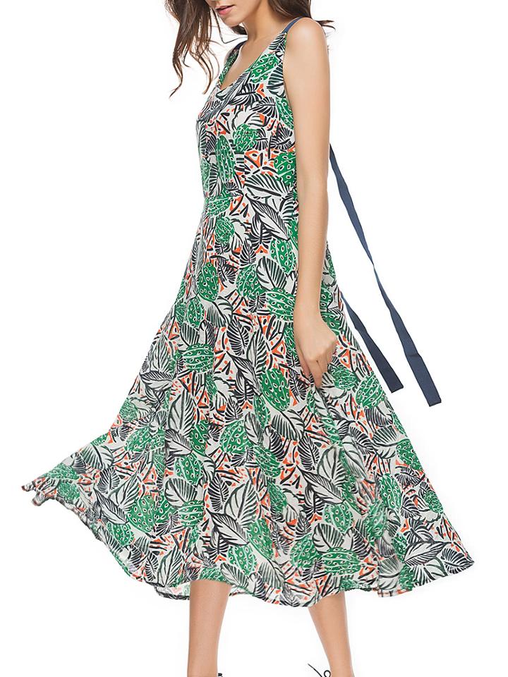 Shein Allover Leaves Print Ribbon Detail Swing Dress