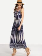 Shein Blue Tie-neck Tribal Print Cami Long Dress