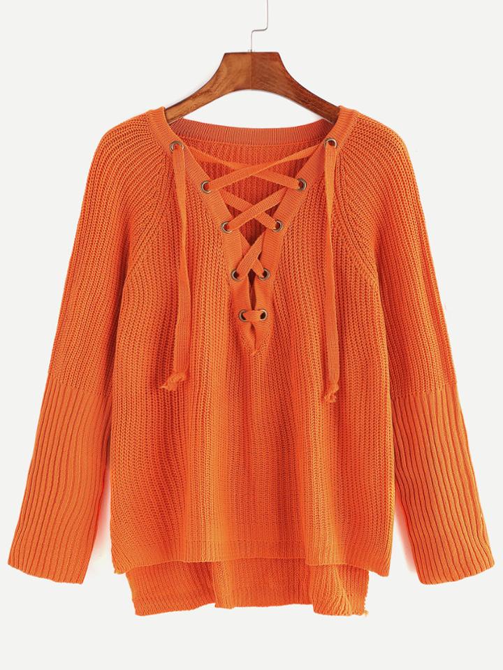 Shein Orange Eyelet Lace Up High Low Sweater