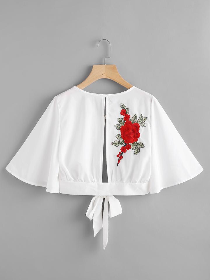Shein Rose Applique Split Self Tie Back Top