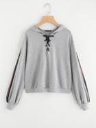Shein Striped Tape Sleeve Lace Up Heathered Hoodie